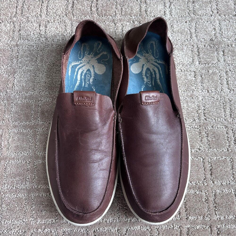 OluKai Nalukai Leather Slip On Shoes Men 12 Brown Loafer Preppy Casual Drop Heel - Picture 2 of 9